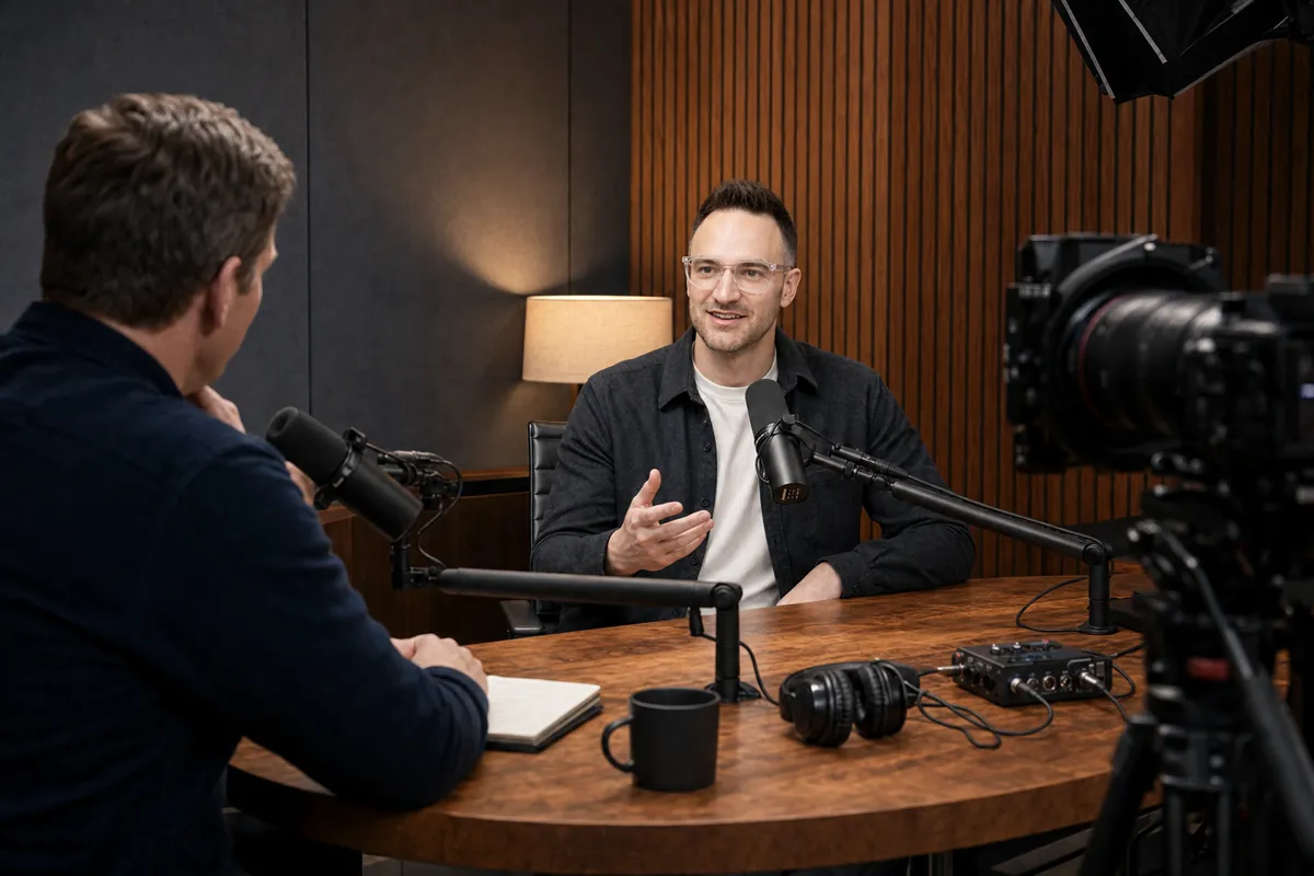 James Green recording in a podcast studio